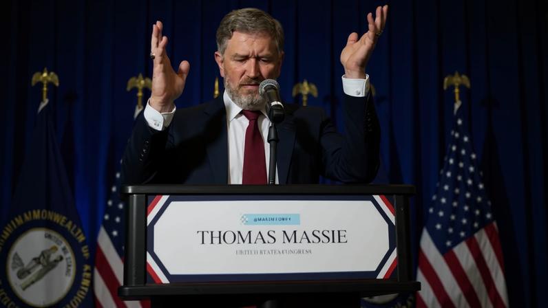 Thomas Massie reconhece derrota em discurso em Hebron, Kentucky, na noite de terça-feira (19/05) — Foto: AP Photo/Carolyn Kaster
