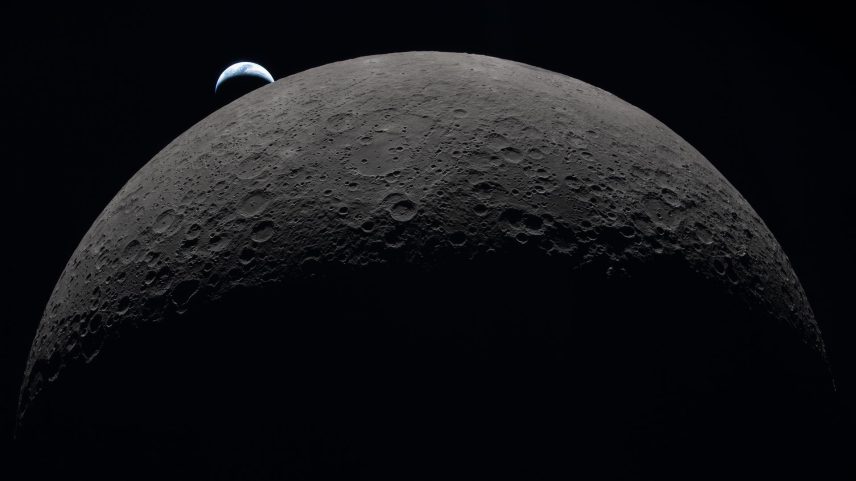 Picture from Artemis II, Earth in the distance behind the moon.