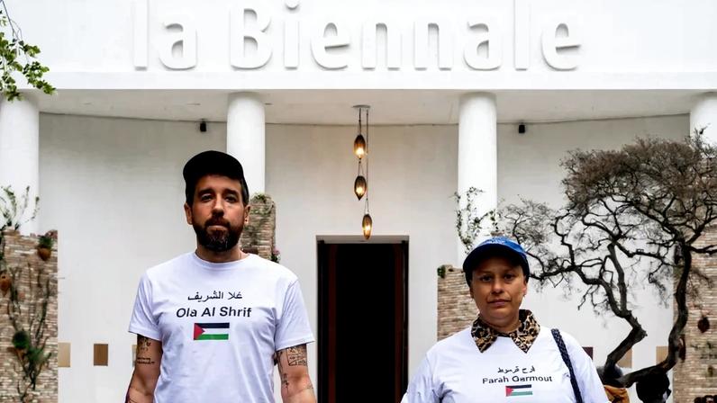 Artists Carolina Caycedo and Rui Dias Monteiro, who took part in a pro-Palestine action on the opening day of the Venice Biennale's press preview.
