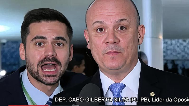 Bernardo Moreira Amado Barros (à esq.), secretário parlamentar do deputado André Janones (Rede-MG), interrompeu entrevista do líder da oposição na Câmara, Cabo Gilberto Silva (PL-PB), à GloboNews