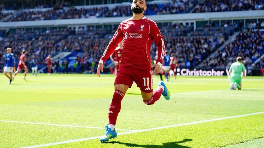 Mohamed Salah (Liverpool) celebrando seu gol contra o Everton, no dia 19.04.2026