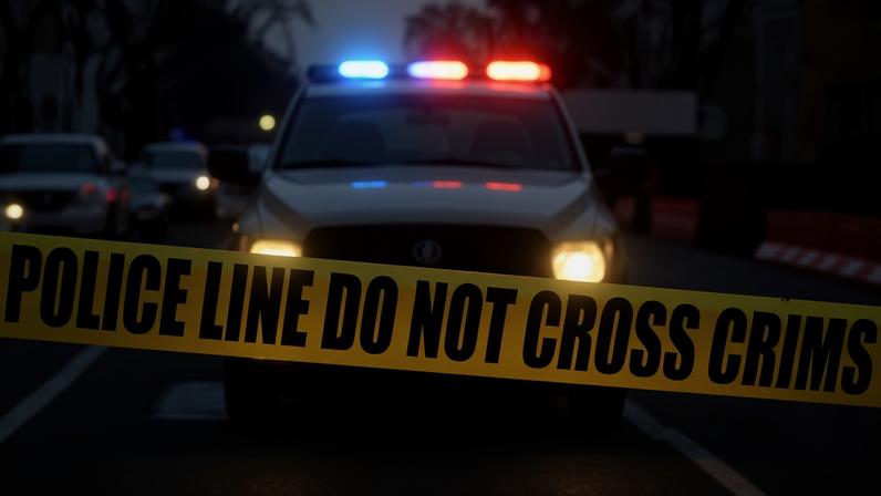 Police tape is seen in front of a police vehicle