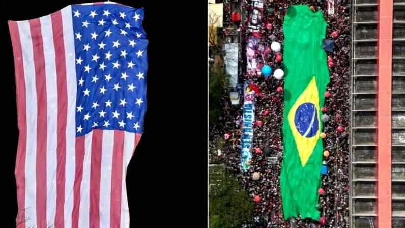 Bandeiras dos Estados Unidos, estendida pela direita na avenida Paulista em 7 de setembro, e do Brasil, estendida pela esquerda no mesmo local neste domingo (21.set.2025)