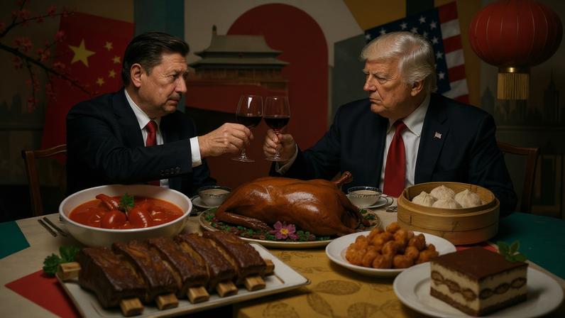 Espero que o mundo não tenha uma grande indigestão a partir desse jantar entre dois líderes carismáticos que controlam quase metade da riqueza global. (Foto: Imagem criada utilizando Open AI/Gazeta do Povo)