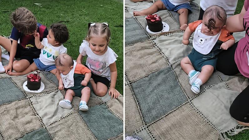 Bebê cai de cara no bolo — Foto: Reprodução/Instagram