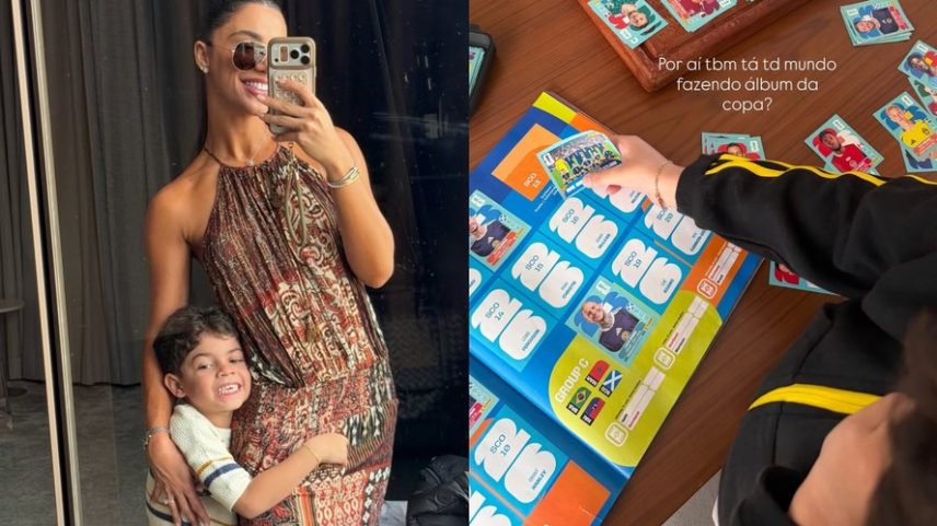 Gabriela Versiani completa álbum de figurinhas da Copa com o enteado, Léo, filho de Marilia Mendonça