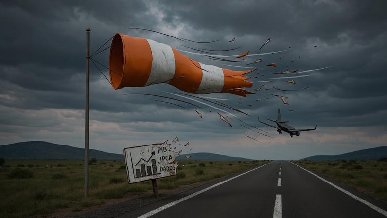 Quando um país começa a desconfiar das próprias birutas, normalmente já entrou em turbulência muito antes de perceber, diz o articulista; na imagem, criada com IA, foto ilustrativa de uma biruta e placas de indicadores danificada