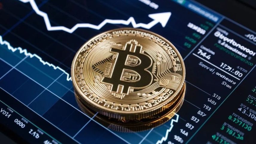 moeda de bitcoin em cima de tela com gráfico de preço