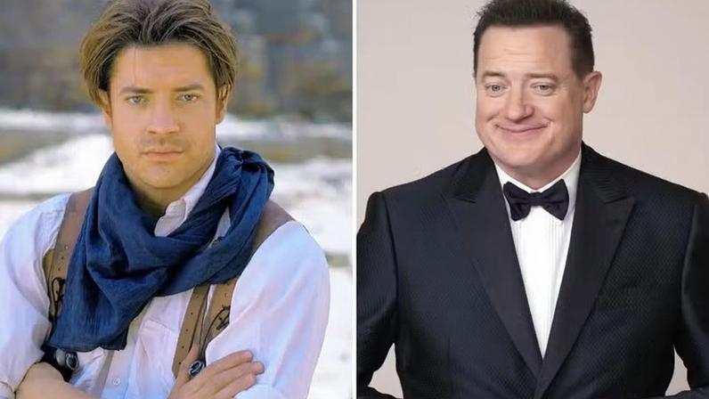 Brendan Fraser em 'A Múmia' (1999) e no Oscar de 2024 — Foto: Divulgação/Getty Images