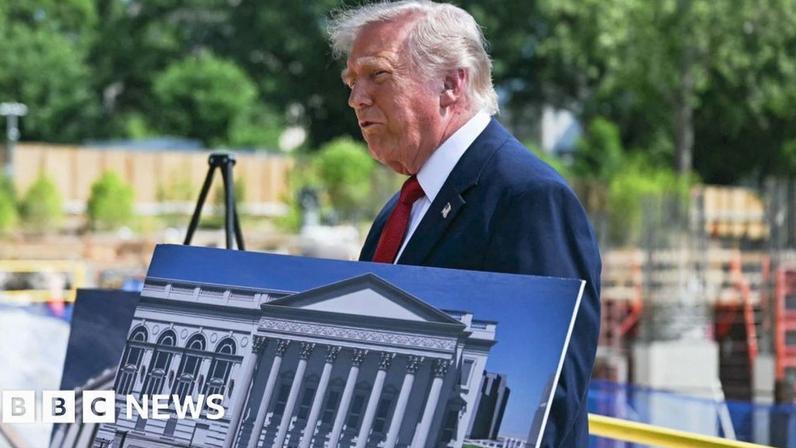 US President Donald Trump speaks to the press near the construction site of his proposed ballroom.