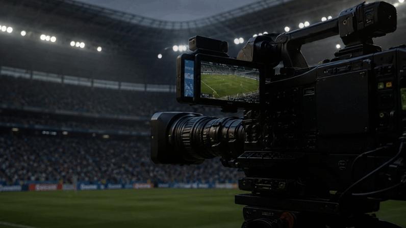 O novo formato abrigou vários veículos e plataformas, abrindo as portas para mais concorrência, patrocinadores, profissionais especializados, público/audiência, diz o articulista; na imagem, criada com IA, câmera transmitindo partida de futebol em estádio