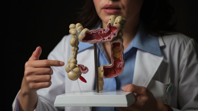 Imagem mostra médica apontando para modelo de intestino aberto - Metrópoles