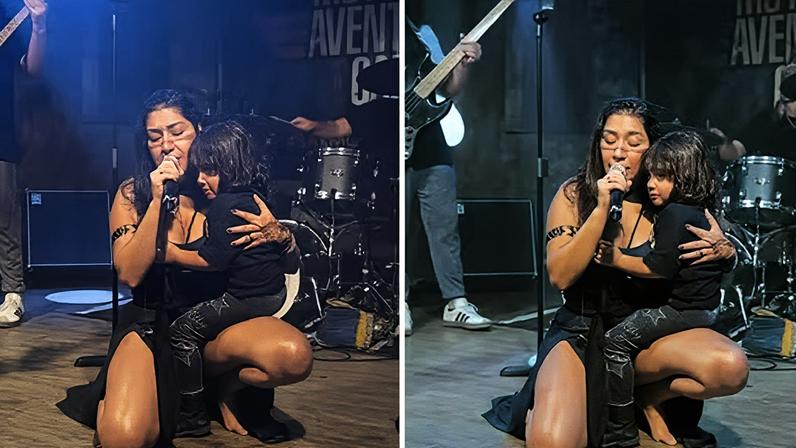 Cantora viraliza ao acolher filha no palco durante apresentação, em SP: “Ela só queria colo”