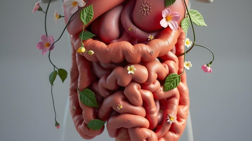Ilustração colorida do intestino com flores ao redor - Metrópoles.