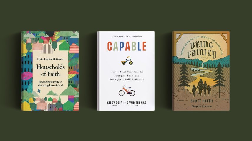 Three books on a dark green background.