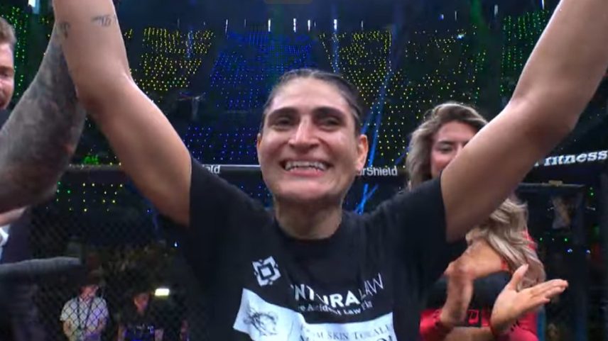Aline Pereira, irmã de Alex Poatan, vence canadense no card preliminar do evento Rousey x Carano — Foto: Reprodução/YouTube