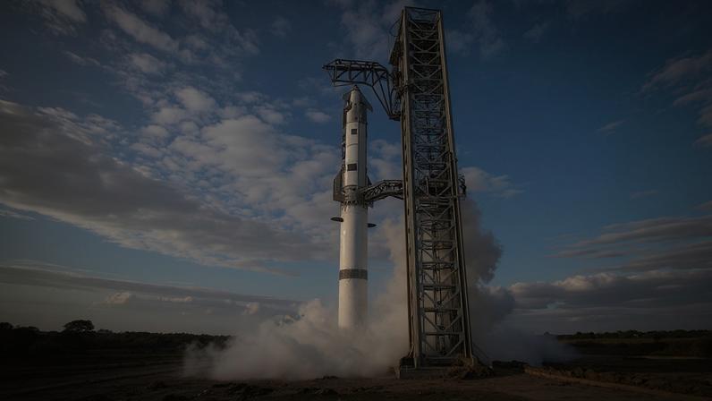 A nova versão na nave Starship na torre de lançamento, durante testes da SpaceX — Foto: SpaceX