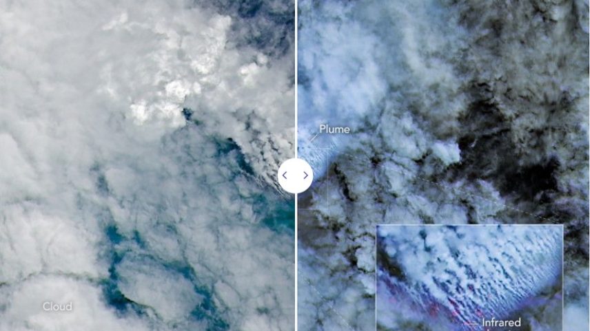 Imagem capturada em 11 de maio, mostra plumas vulcânicas emergindo de plataforma submarina três dias após o início da erupção. Imagem à direita, destaca atividade vulcânica