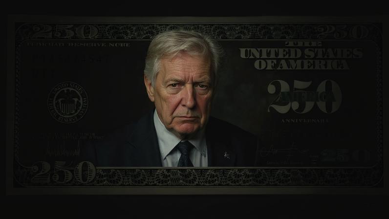 Um modelo de uma proposta de nota de US$ 250 com o rosto e a assinatura do presidente Donald Trump