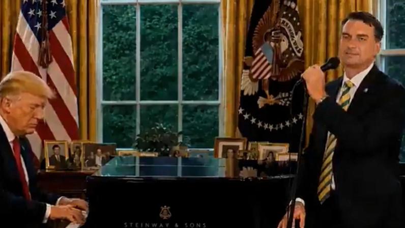 Imagem colorida mostra vídeo feito por IA com Flávio e Trump - Metrópoles