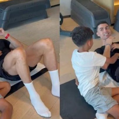 Georgina Rodríguez flagra Cristiano Ronaldo ensinando o filho a malhar o abdômen
