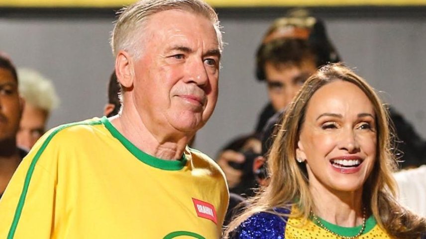 Carlo Ancelotti e a esposa Mariann Barrena Mcclay num camarote do Sambódromo, no Rio