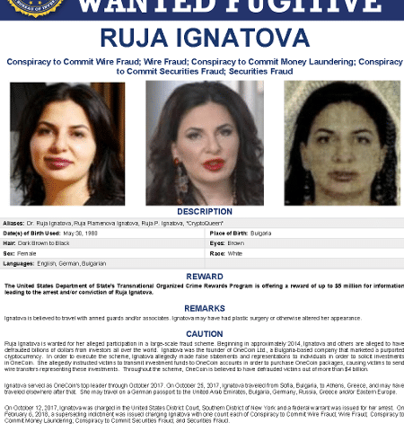 Cartaz dos mais procurados do FBI mostra Ruja Ignatova, a rainha das criptomoedas, que desapareceu ao pegar um voo da Bulgária para a Grécia
