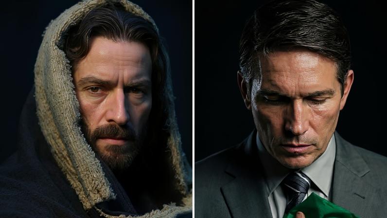 Jim Caviezel como Jesus em 'A Paixão de Cristo' (2004) e como Bolsonaro em 'Dark Horse' (2026) — Foto: Divulgação