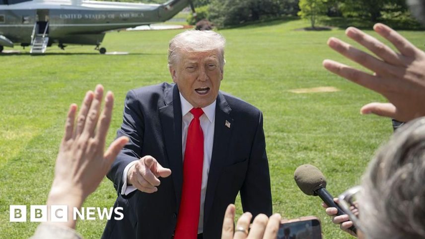 President Donald Trump speaks to the press before departing the White House for Florida on May 1, 2026, in Washington DC