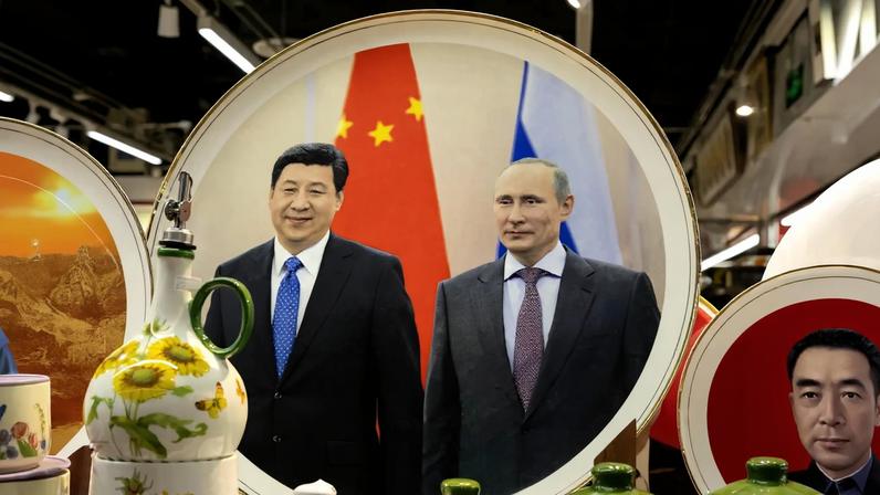 Prato à venda em loja em Pequim com as imagens dos ditadores Xi Jinping e Vladimir Putin (Foto: JESSICA LEE/EFE/EPA)