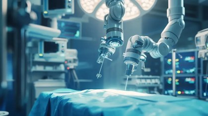 Braços robóticos realizam procedimento cirúrgico com alta precisão em centro cirúrgico equipado com tecnologia de ponta.