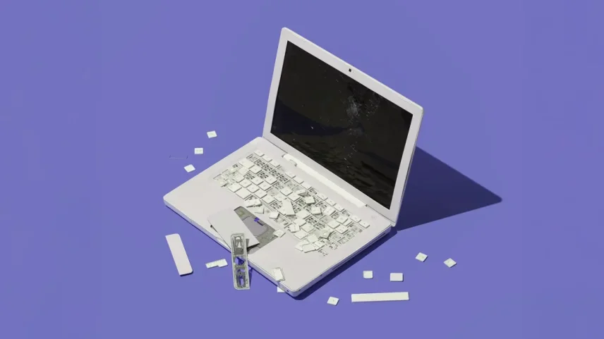 Um laptop branco danificado com teclado quebrado e tela rachada, possivelmente indicando reparo ou dano intencional.