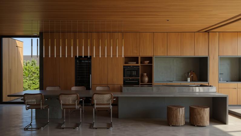 O forro de ripas de madeira é um dos destaques da área de refeições com cadeiras Cesca, de Marcel Breuer, no Sttudio 17, e, ao fundo, armários com acabamento em tauari