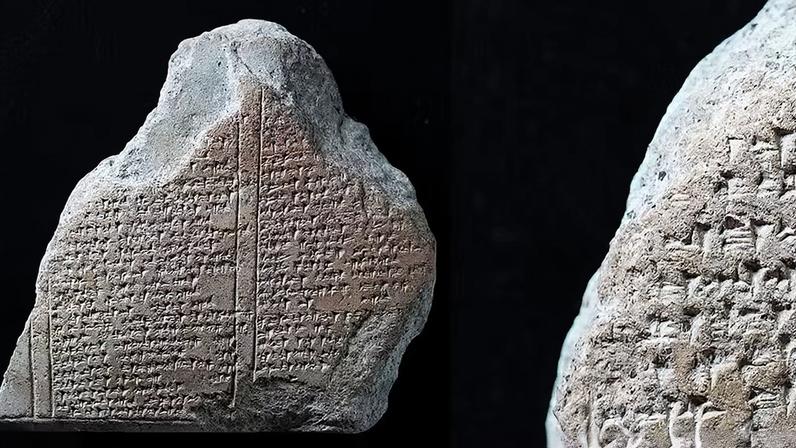 Esta tabuleta cuneiforme, com pouco mais de dez centímetros de largura, descreve um ritual cerimonial. As linhas de texto são claramente visíveis à distância. Uma observação mais atenta (à direita) revela o quão desgastada está a superfície da tabuleta. A inteligência artificial ajuda a identificar os sinais apesar disso — Foto: Daniel Schwemer/Universidade de Würzburg
