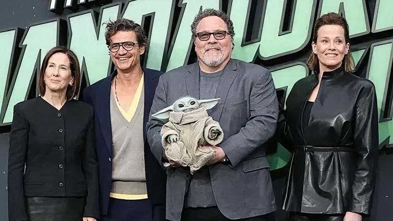 Kathleen Kennedy, Pedro Pascal, Jon Favreau, 'Grogu' and Sigourney Weaver attend the UK fan event for Star Wars: The Mandalorian And Grogu