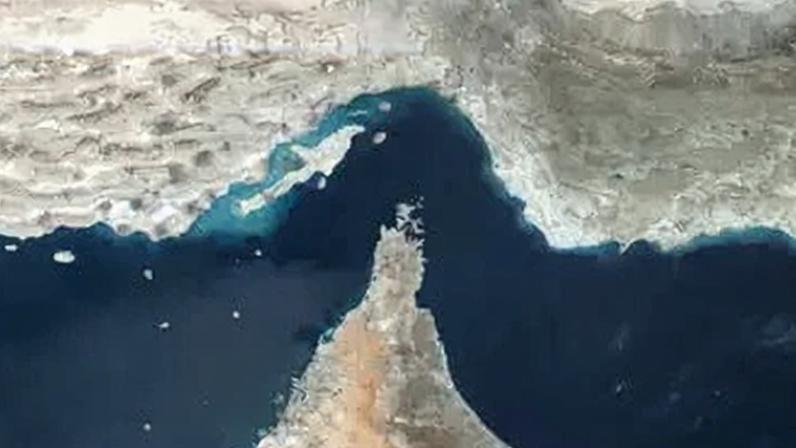 A satellite image of the Strait of Hormuz with BBC Verify branding