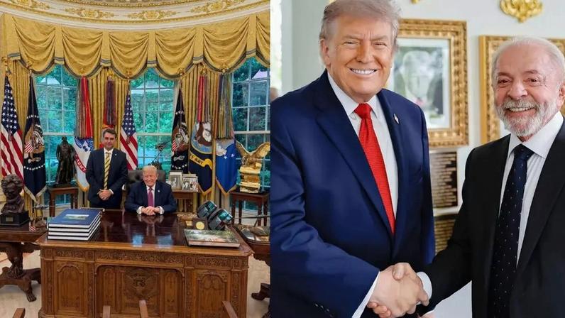 As fotos do senador Flávio Bolsonaro (PL-RJ) e do presidente Lula (PT) com o presidente dos EUA, Donald Trump