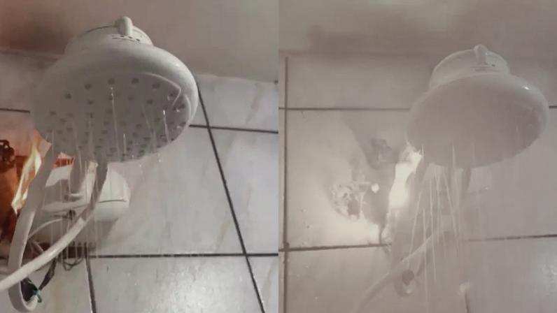 Chuveiro elétrico pega fogo em vídeo viral
