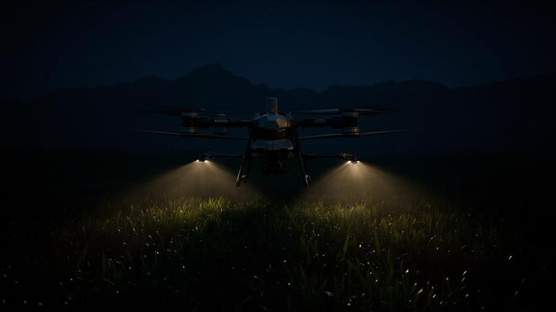 Drone pulverizando campo agrícola