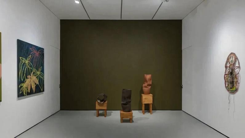 Installation view of "As Feeling Births Idea," 2024, at Tiwani Contemporary, London, with work by Ranti Bam at center. Bam is currently featured in the Venice Biennale.