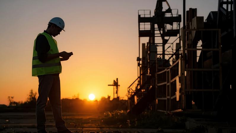 Getty Images A man wearing a hi-viz jacket and hard hat, measuring and analysing data of an oil field near built construction.