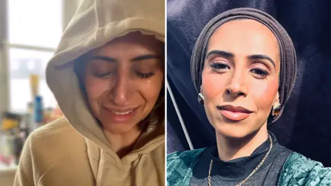 Annika Split pic of 42-year-old Annika Waheed. On the left, Annika is wearing a white hoodie with the hood up. She has her eyes closed and her face is tear-stained. On the right, she is wearing make-up and smiling at the camera.