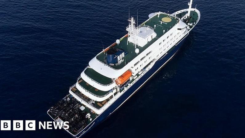 The MV Hondius - a cruise ship - docked off the coast of Cape Verde in the sea