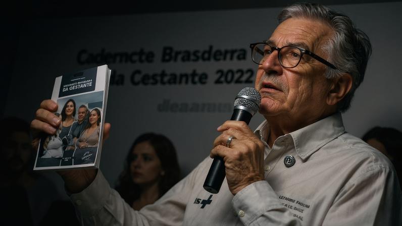 O ministro da Saúde, Alexandre Padilha, lança a nova edição da Caderneta Brasileira da Gestante. (Foto: ChatGPT sobre foto de Rafael Nascimento/Ministério da Saúde)
