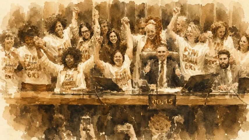 Deputados comemoram aprovação de PEC que muda escala e jornada de trabalho: texto teve amplo apoio de deputados da direita. (Foto: ChatGPT sobre foto de Bruno Spada/Câmara dos Deputados)