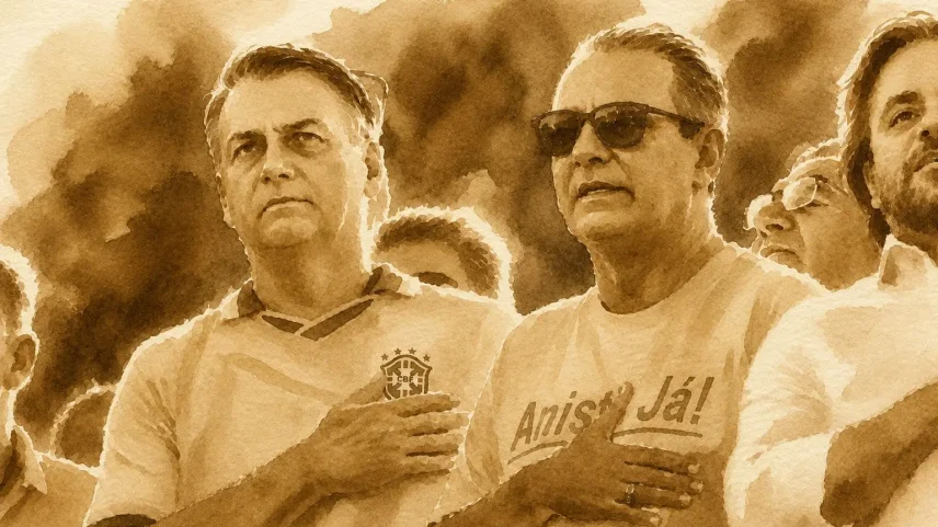 O pastor Silas Malafaia (de óculos), ao lado de Jair Bolsonaro durante manifestação em maio de 2025. (Foto: ChatGPT sobre foto de Joédson Alves/Agência Brasil)