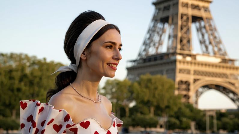 Emily (Lily Collins) diante da Torre Eiffel em Paris
