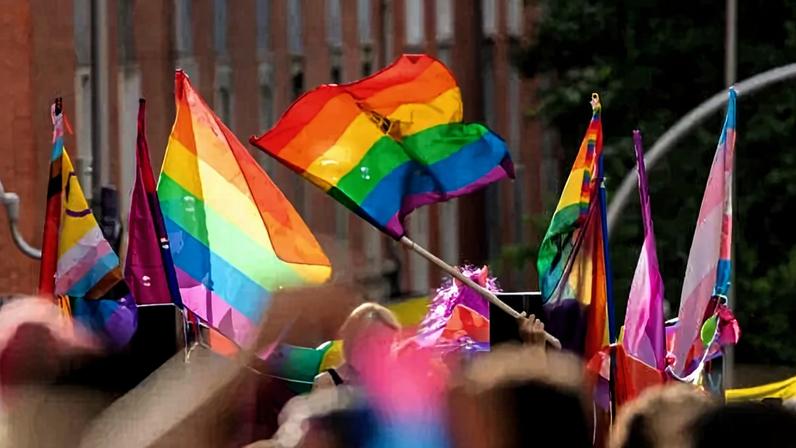 Pride day 2023. People at the pride parade with LGBTIQ flags celebrating the LGBTIQ rights