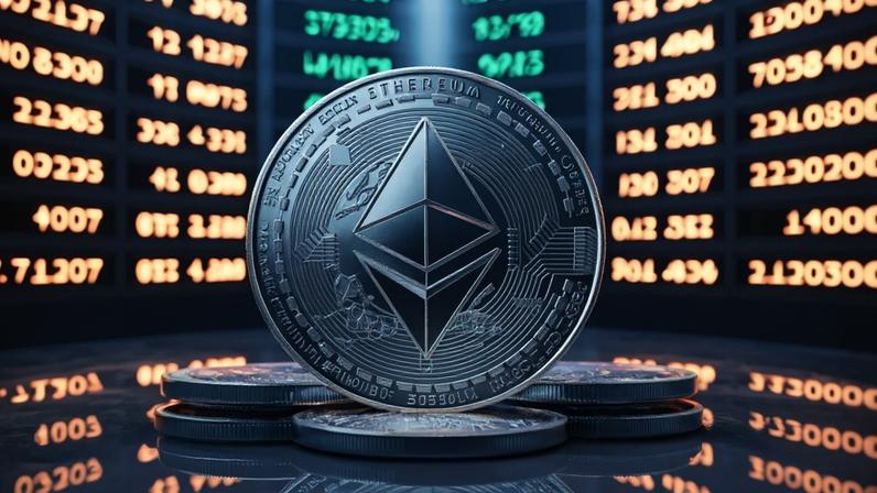 moeda prateada de ethereum à frente de painel de preço