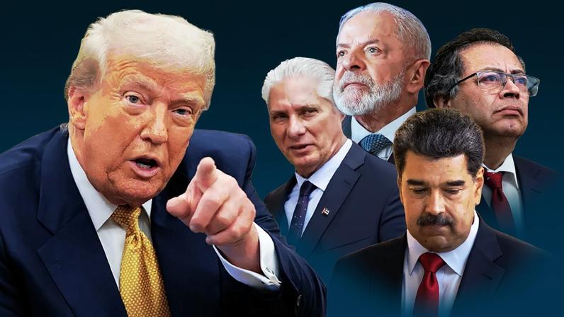 Imagem colorida de Donald Trump, Lula, Gustavo Petro, Nicolás Maduro e Miguel Díaz